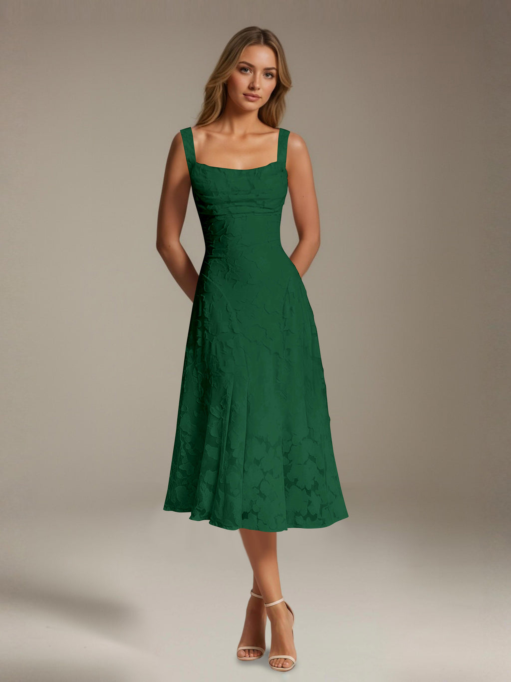 Women's Floral Lace Tea-Length Dress, Square Neck, Sleeveless