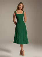 Women's Floral Lace Tea-Length Dress, Square Neck, Sleeveless