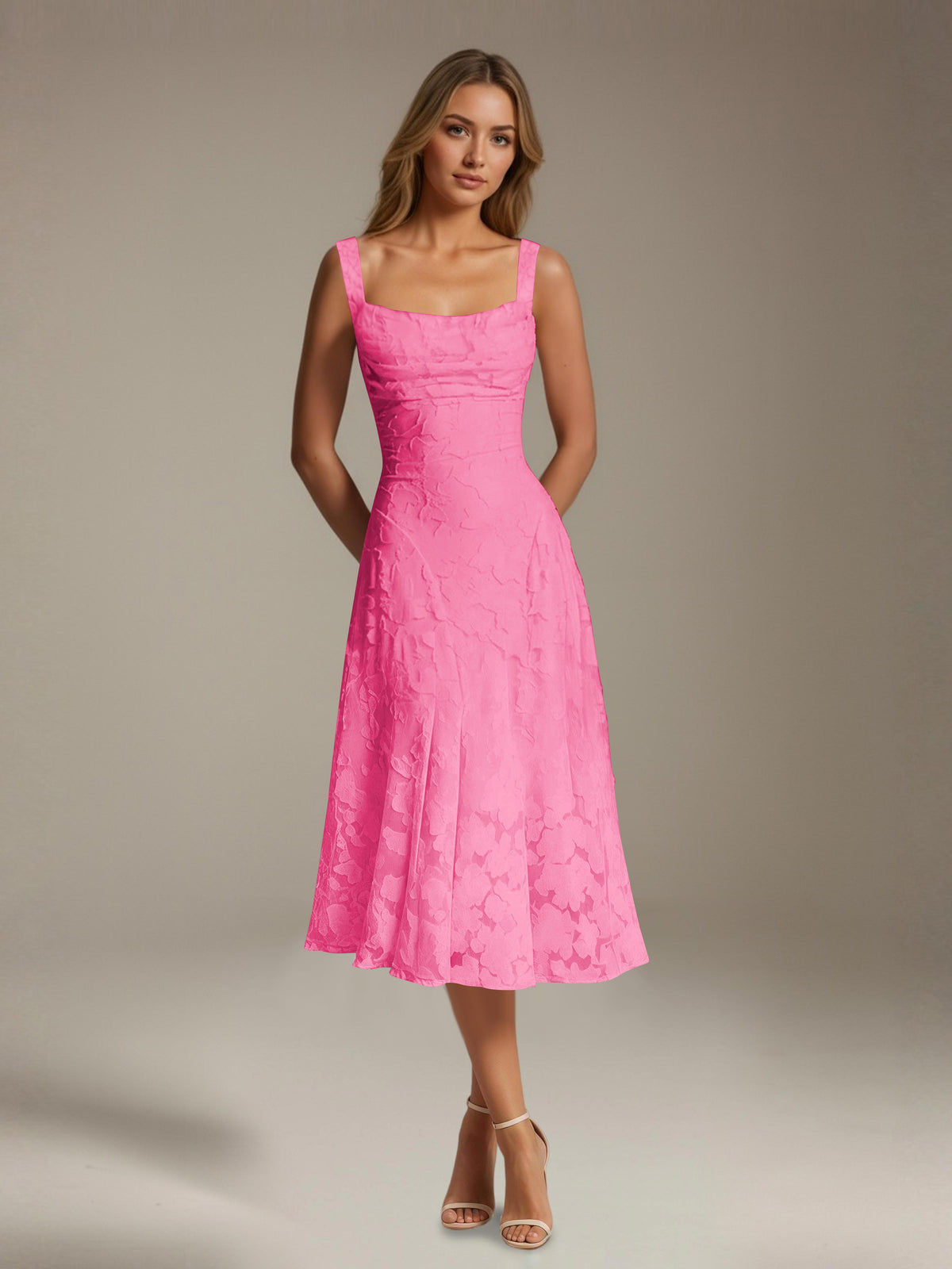 Women's Floral Lace Tea-Length Dress, Square Neck, Sleeveless