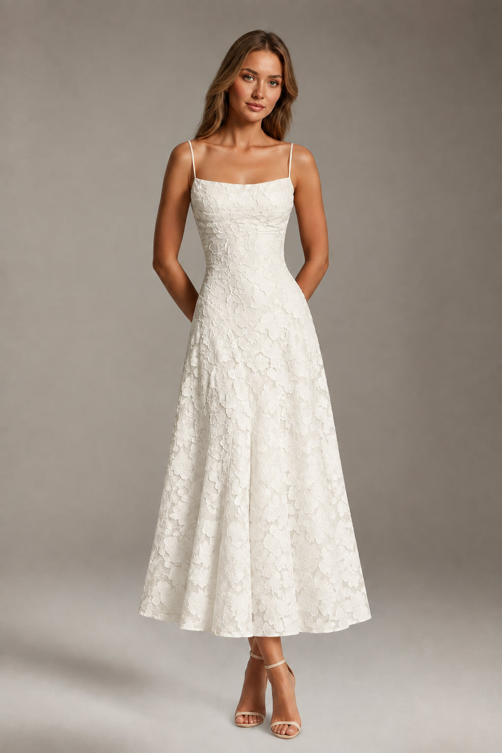 Women's Floral Lace Tea-Length Dress, Square Neck, Sleeveless