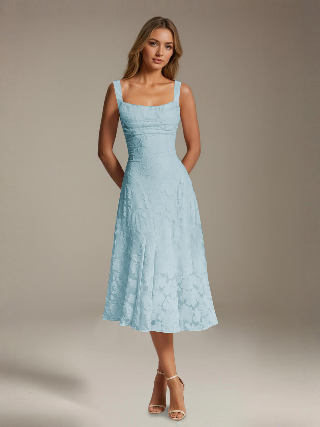 Women's Floral Lace Tea-Length Dress, Square Neck, Sleeveless