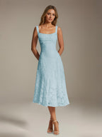 Women's Floral Lace Tea-Length Dress, Square Neck, Sleeveless