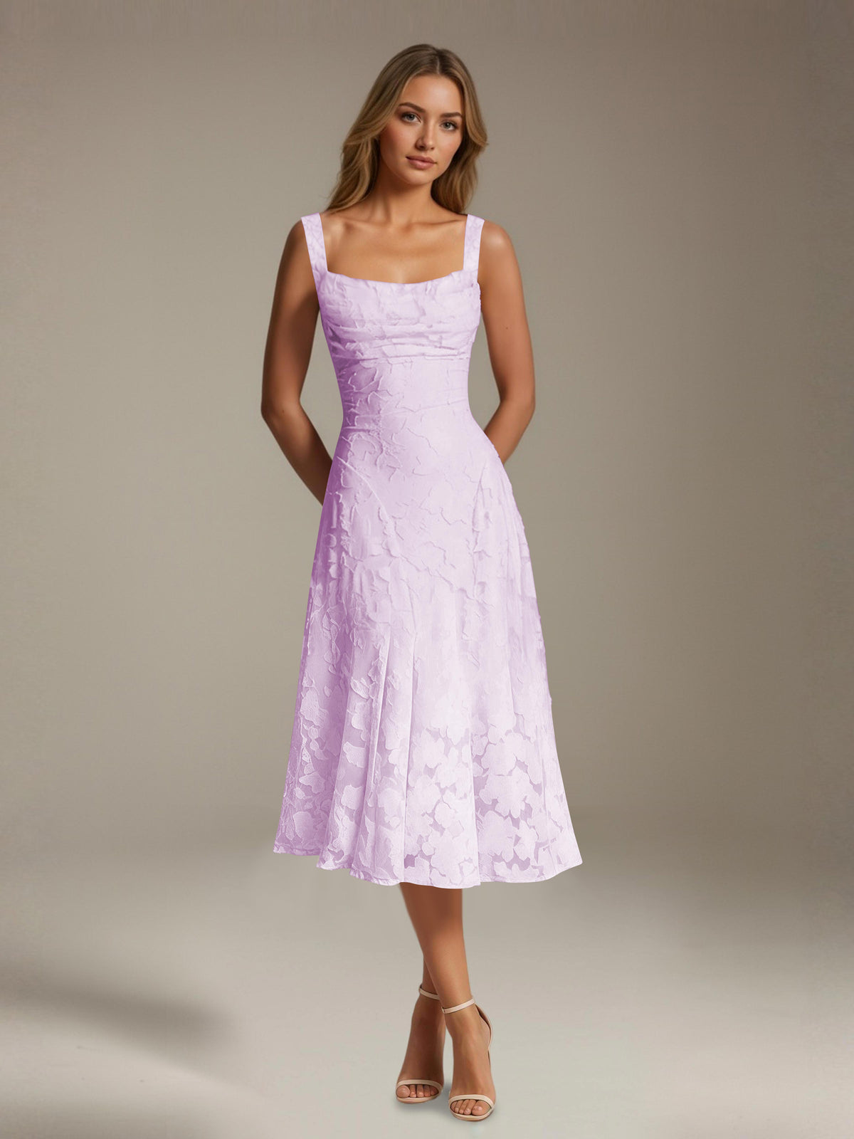 Women's Floral Lace Tea-Length Dress, Square Neck, Sleeveless