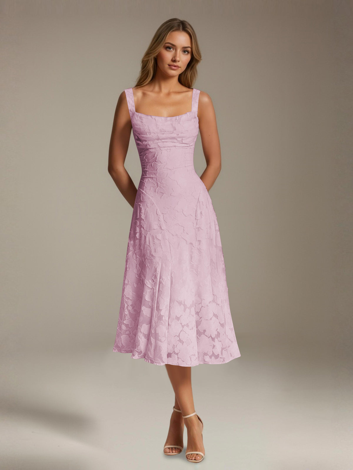 Women's Floral Lace Tea-Length Dress, Square Neck, Sleeveless