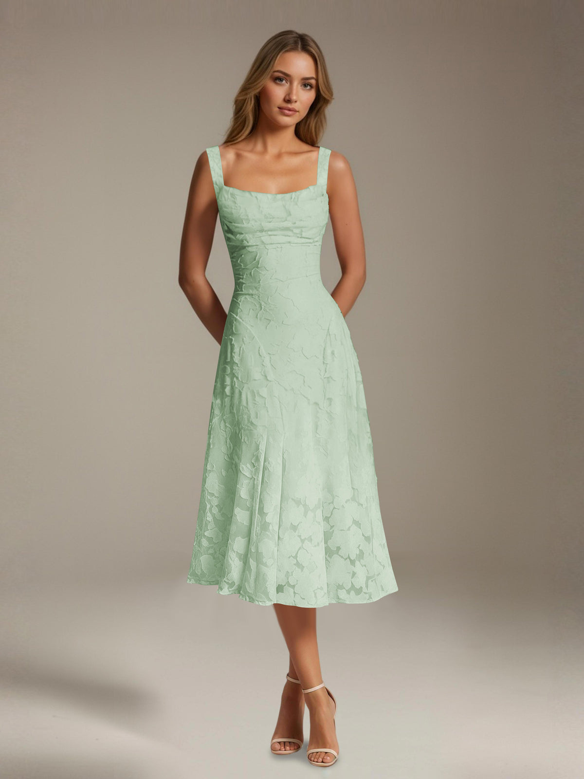Women's Floral Lace Tea-Length Dress, Square Neck, Sleeveless