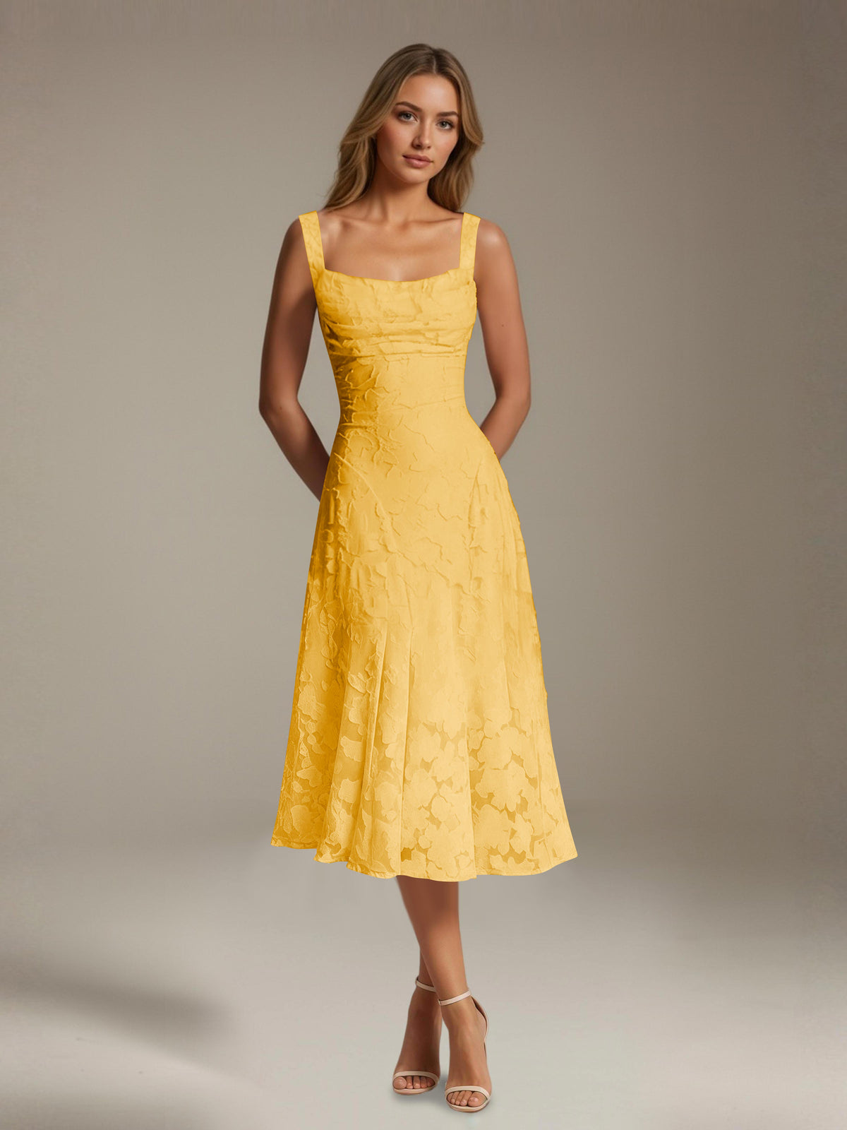 Women's Floral Lace Tea-Length Dress, Square Neck, Sleeveless