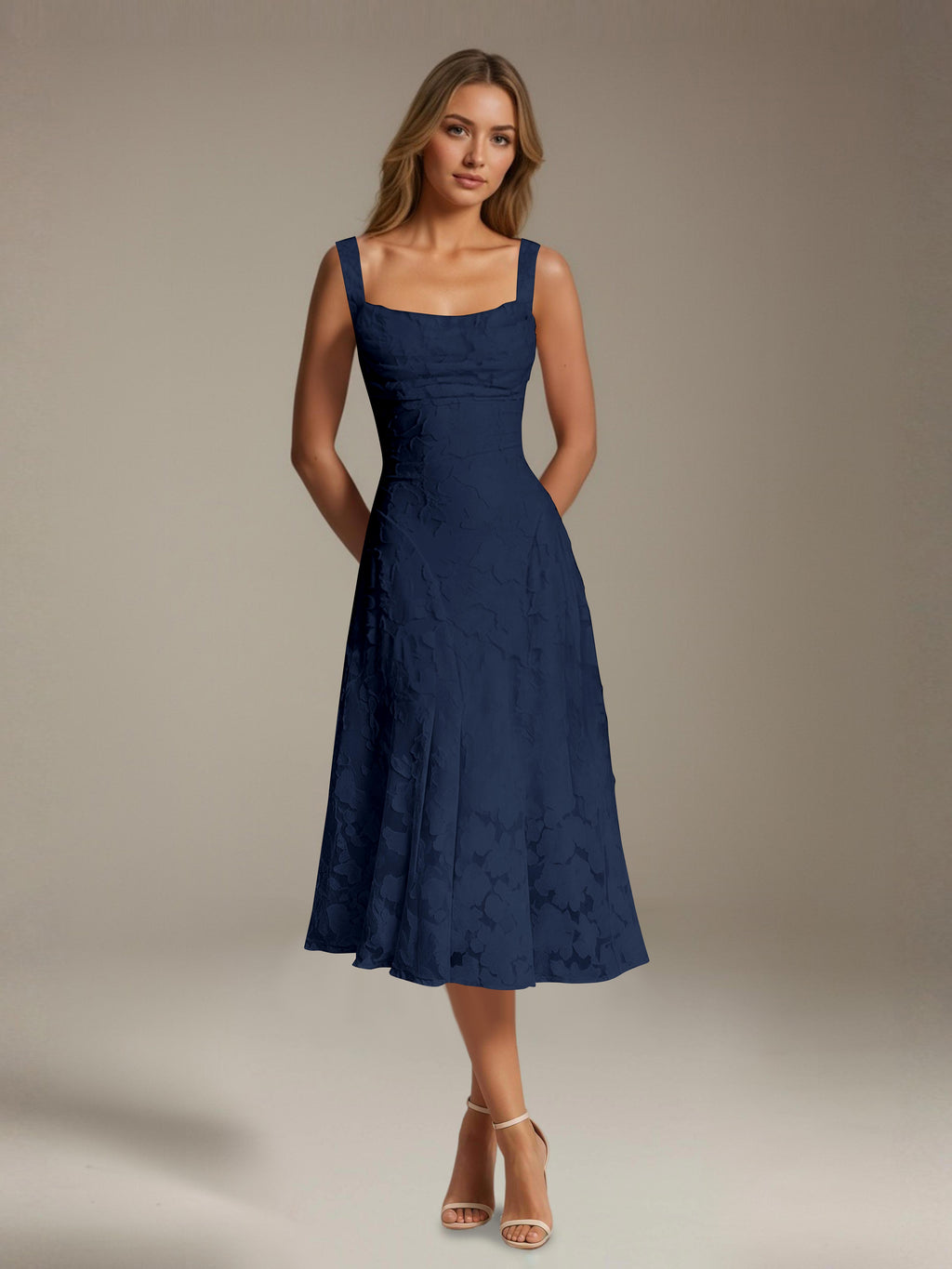 Women's Floral Lace Tea-Length Dress, Square Neck, Sleeveless
