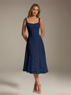 Women's Floral Lace Tea-Length Dress, Square Neck, Sleeveless