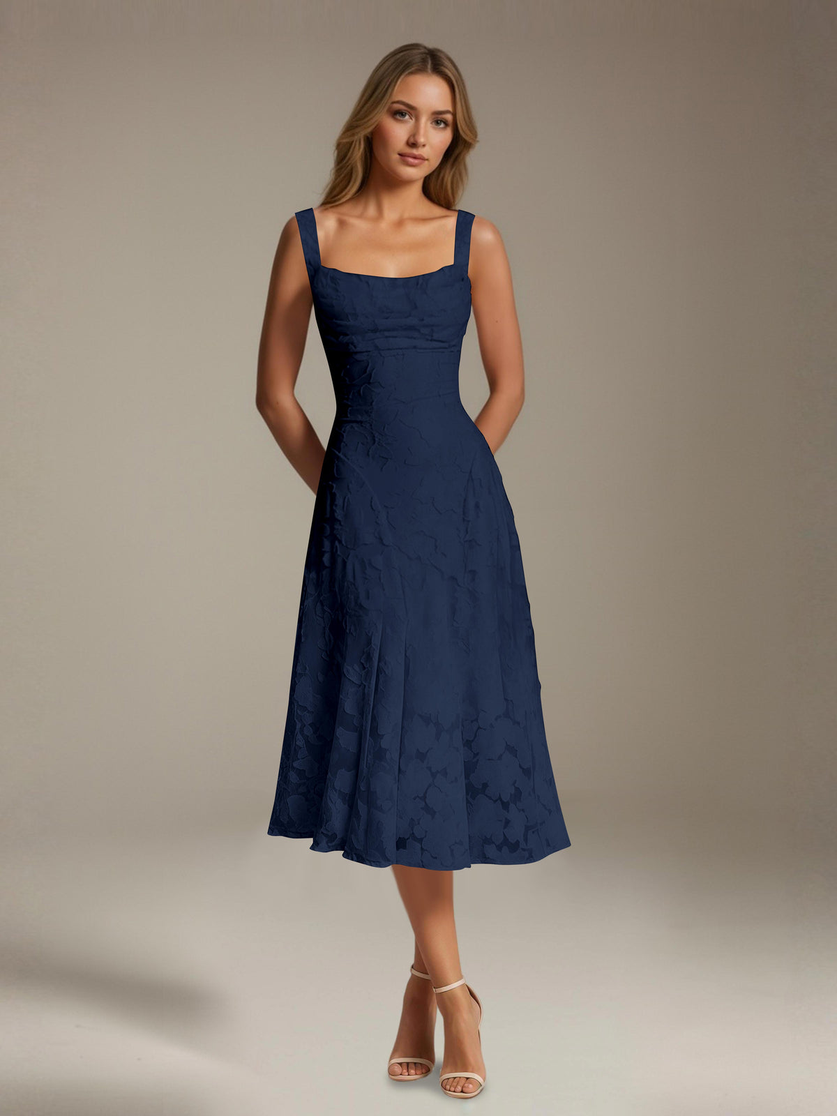 Women's Floral Lace Tea-Length Dress, Square Neck, Sleeveless