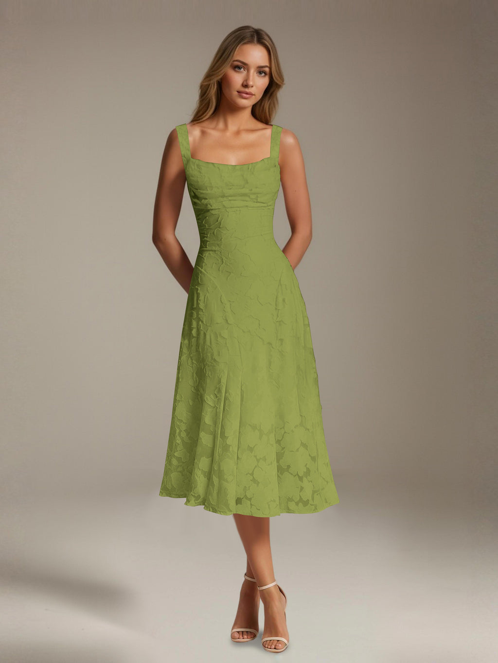 Women's Floral Lace Tea-Length Dress, Square Neck, Sleeveless