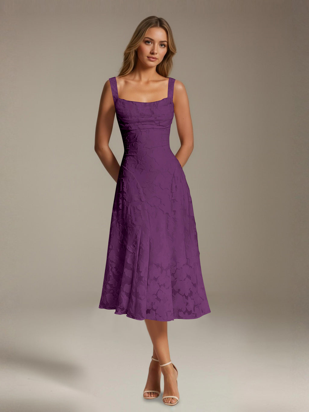 Women's Floral Lace Tea-Length Dress, Square Neck, Sleeveless