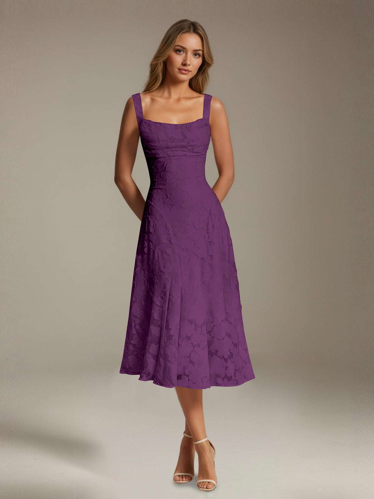 Women's Floral Lace Tea-Length Dress, Square Neck, Sleeveless