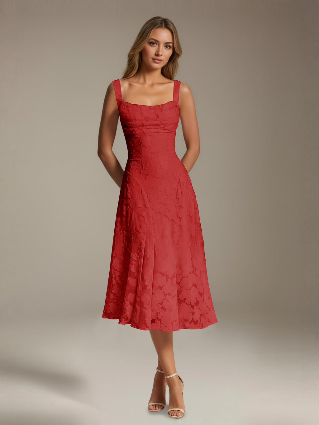 Women's Floral Lace Tea-Length Dress, Square Neck, Sleeveless