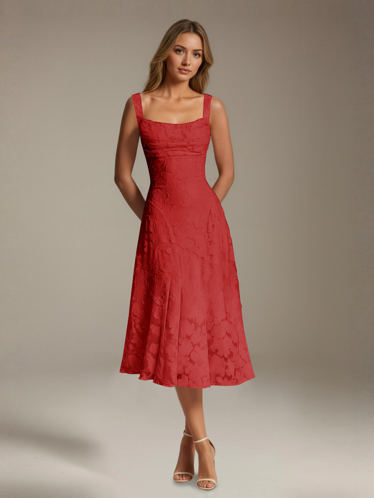 Women's Floral Lace Tea-Length Dress, Square Neck, Sleeveless