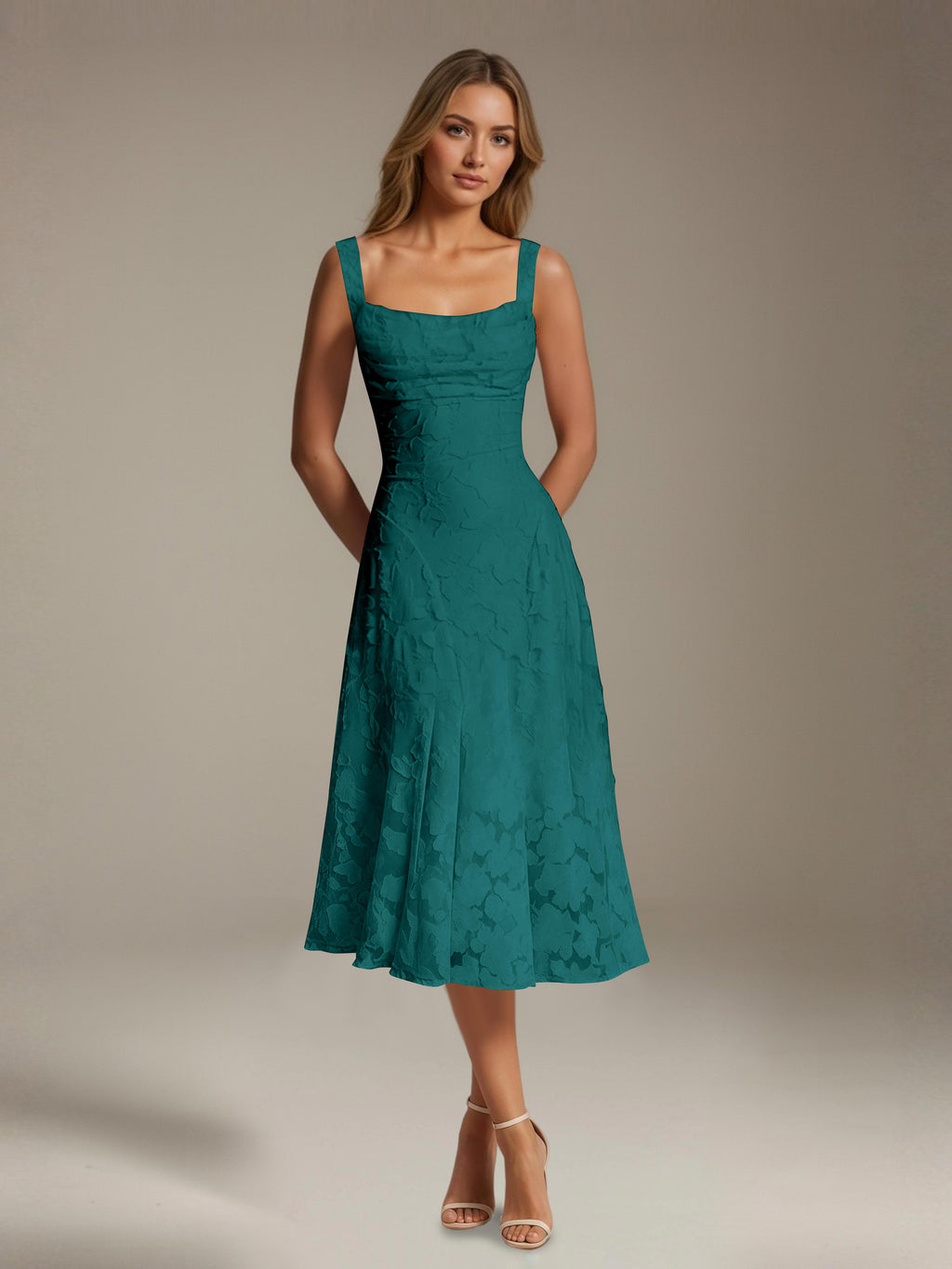 Women's Floral Lace Tea-Length Dress, Square Neck, Sleeveless