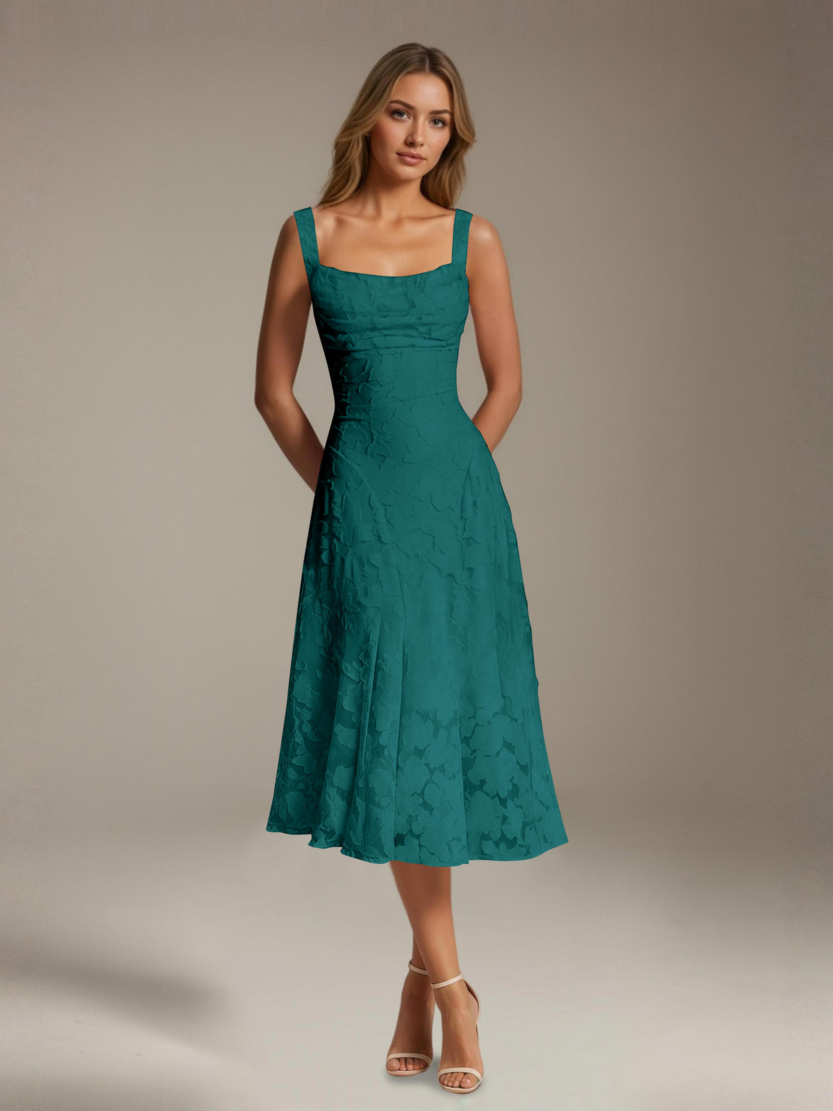 Women's Floral Lace Tea-Length Dress, Square Neck, Sleeveless