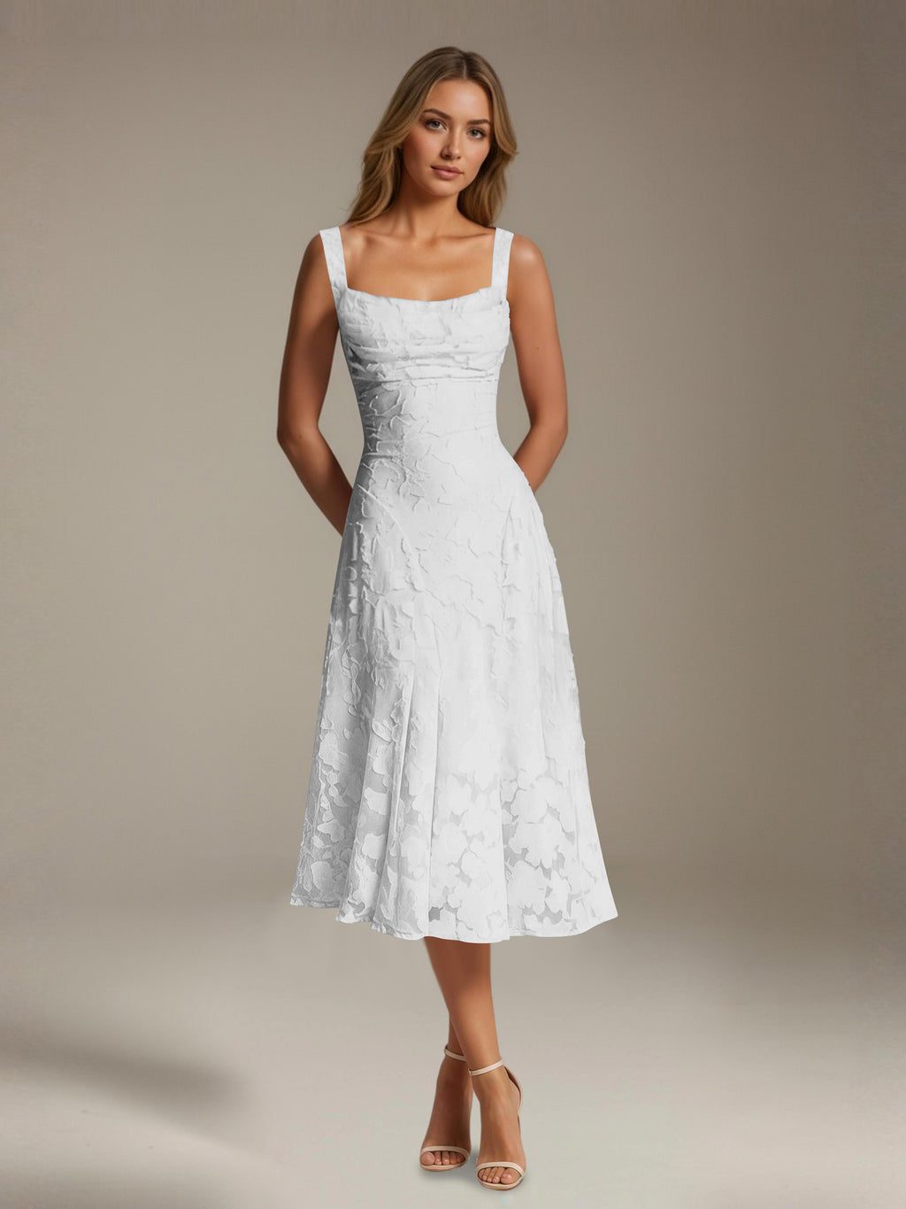 Women's Floral Lace Tea-Length Dress, Square Neck, Sleeveless