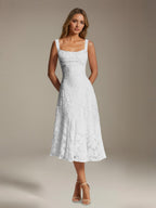 Women's Floral Lace Tea-Length Dress, Square Neck, Sleeveless