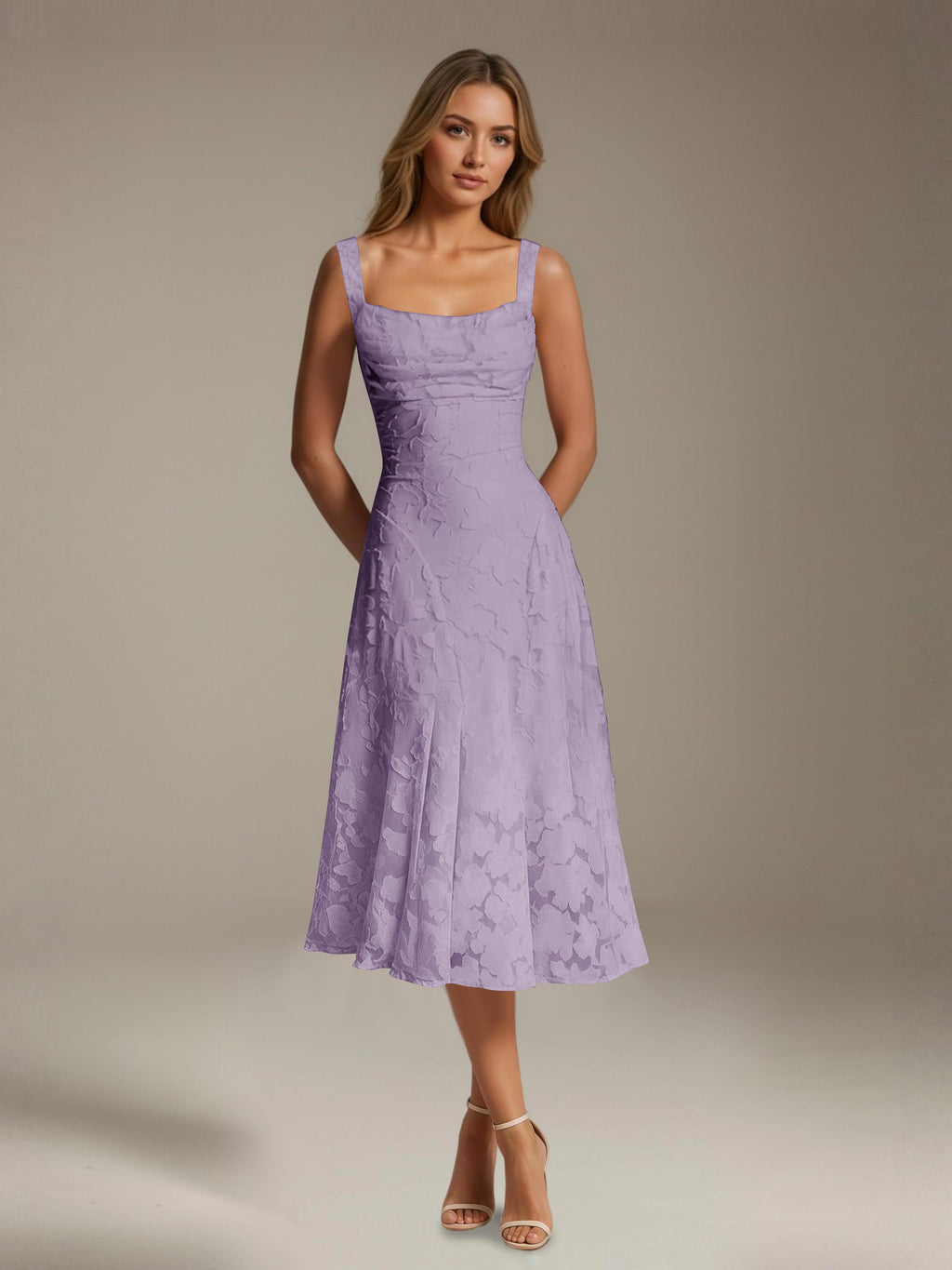 Women's Floral Lace Tea-Length Dress, Square Neck, Sleeveless