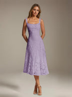 Women's Floral Lace Tea-Length Dress, Square Neck, Sleeveless
