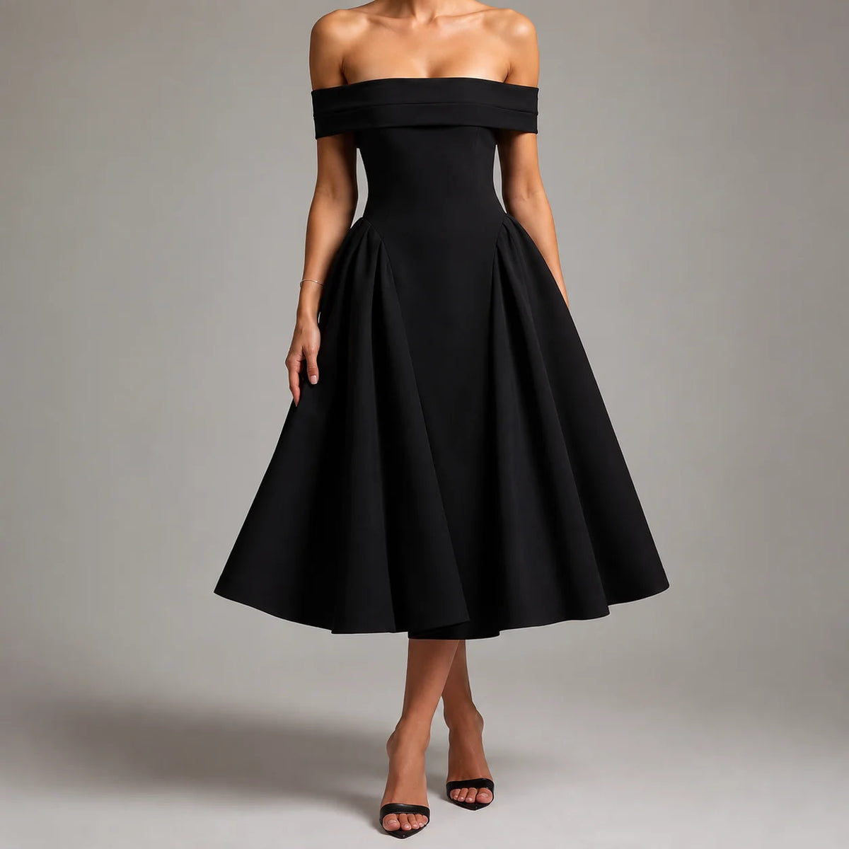 Agrigento Off Shoulder Fit and Flare Midi Dress
