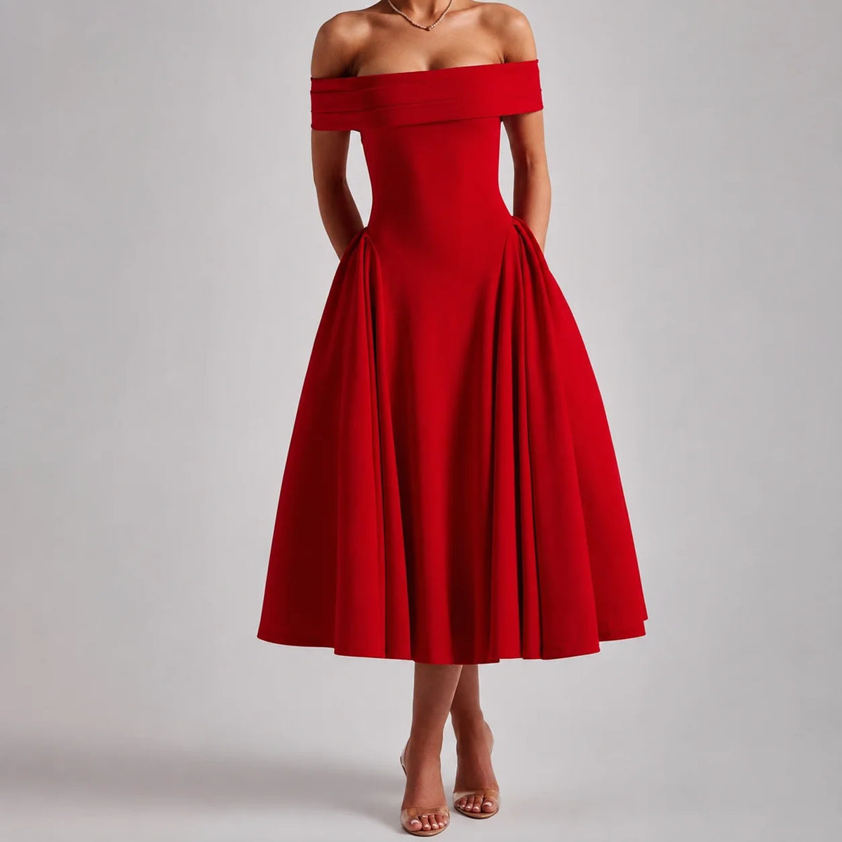 Agrigento Off Shoulder Fit and Flare Midi Dress