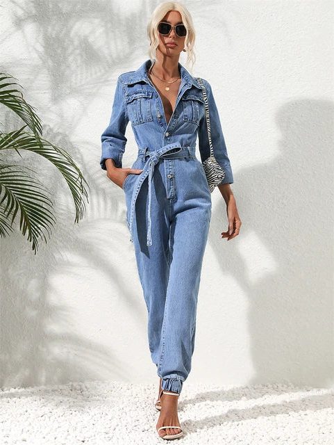 Amabel | Relaxed Denim Jumpsuit with Belt and Long Sleeves for Women