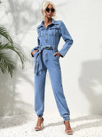 Amabel | Relaxed Denim Jumpsuit with Belt and Long Sleeves for Women