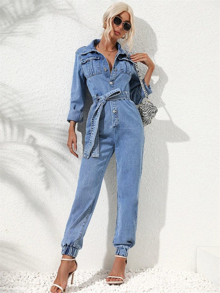 Amabel | Relaxed Denim Jumpsuit with Belt and Long Sleeves for Women