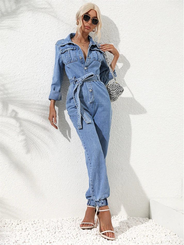 Amabel | Relaxed Denim Jumpsuit with Belt and Long Sleeves for Women