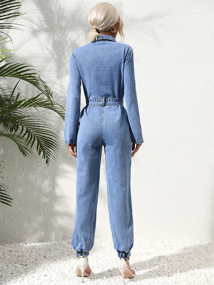 Amabel | Relaxed Denim Jumpsuit with Belt and Long Sleeves for Women