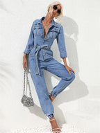 Amabel | Relaxed Denim Jumpsuit with Belt and Long Sleeves for Women