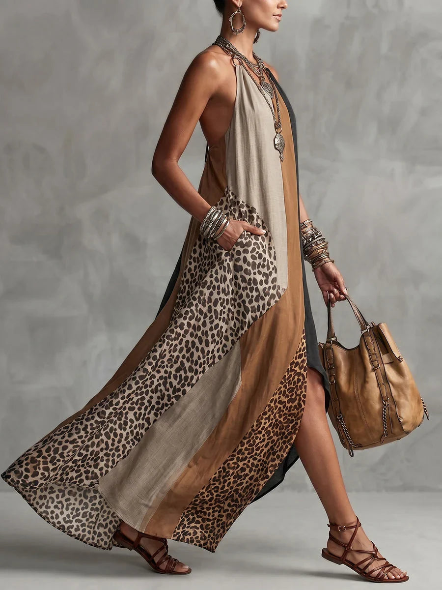 Amy | Leopard Print Patchwork Halter Sundress with Color-Block and Pockets