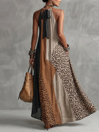 Amy | Leopard Print Patchwork Halter Sundress with Color-Block and Pockets