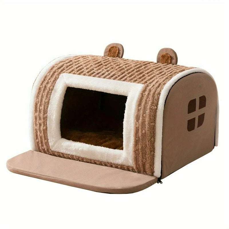 Bear-Shaped Pet Bed, Cozy Plush House for Cats & Small Dogs, Warm Thickened Winter Nest with Non-Slip Bottom, No Assembly