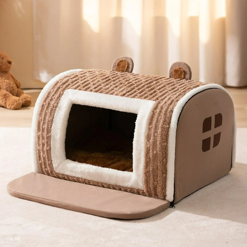 Bear-Shaped Pet Bed, Cozy Plush House for Cats & Small Dogs, Warm Thickened Winter Nest with Non-Slip Bottom, No Assembly