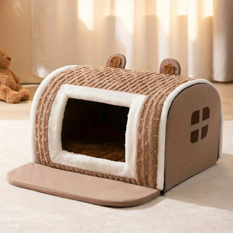 Bear-Shaped Pet Bed, Cozy Plush House for Cats & Small Dogs, Warm Thickened Winter Nest with Non-Slip Bottom, No Assembly