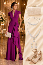 Sheath Column V Neck Short Sleeves Floor Length Mother Dresses CM0377