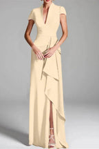 Sheath Column V Neck Short Sleeves Floor Length Mother Dresses CM0377
