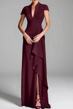 Sheath Column V Neck Short Sleeves Floor Length Mother Dresses CM0377