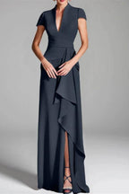 Sheath Column V Neck Short Sleeves Floor Length Mother Dresses CM0377