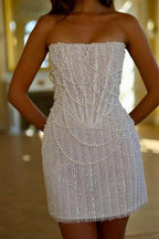 Sheath-Column Strapless Short Pearls Sequin Dress CS1075