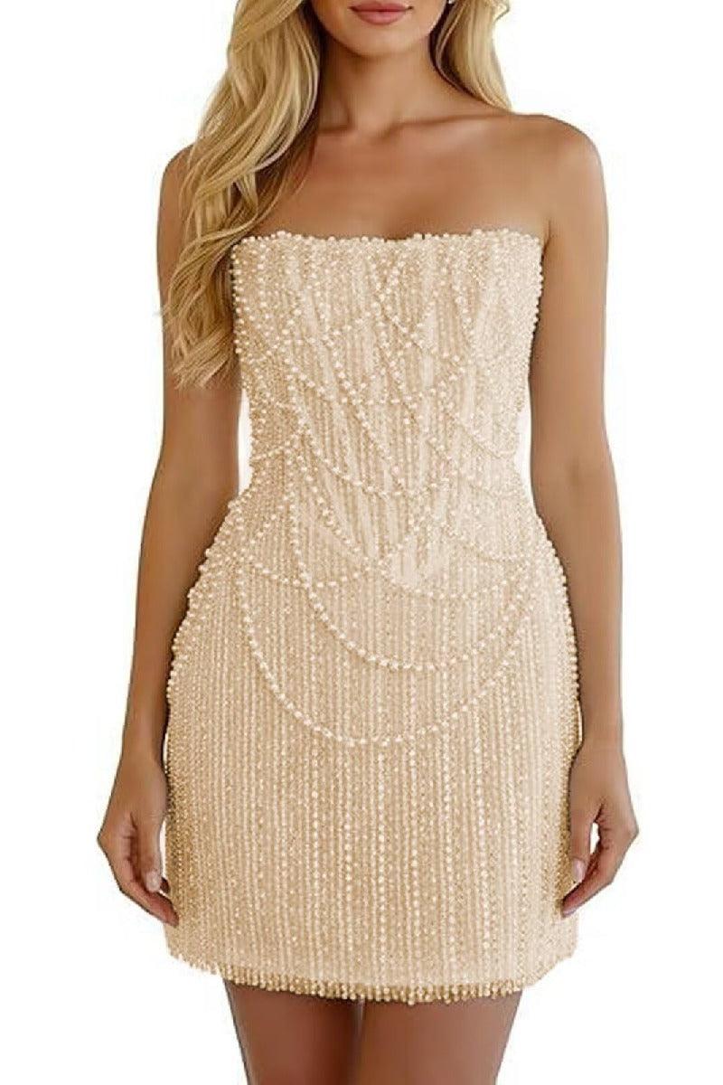 Sheath-Column Strapless Short Pearls Sequin Dress CS1075