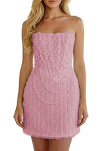 Sheath-Column Strapless Short Pearls Sequin Dress CS1075