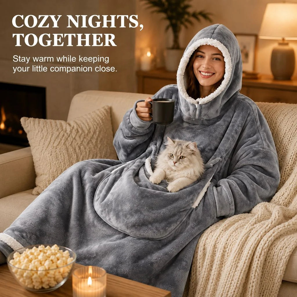 Cozy Companion | Oversized Wearable Blanket Hoodie with Built-In Pet Pouch | Extra-Long Sherpa Design for Ultimate Comfort