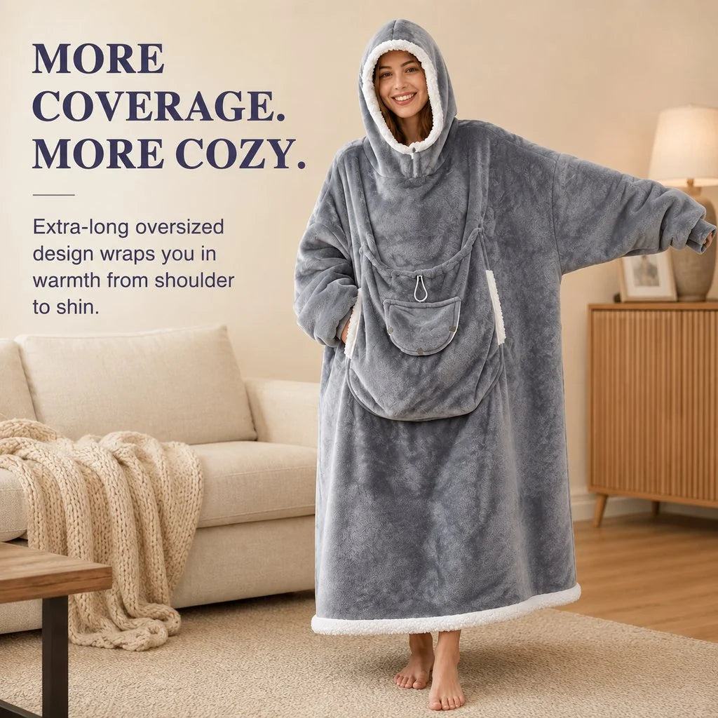 Cozy Companion | Oversized Wearable Blanket Hoodie with Built-In Pet Pouch | Extra-Long Sherpa Design for Ultimate Comfort