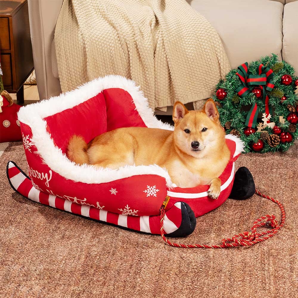 Cozy Sleigh | Dog Bed with Plush Crystal Velvet & Anti-Slip Bottom | Festive Comfort for Your Pet