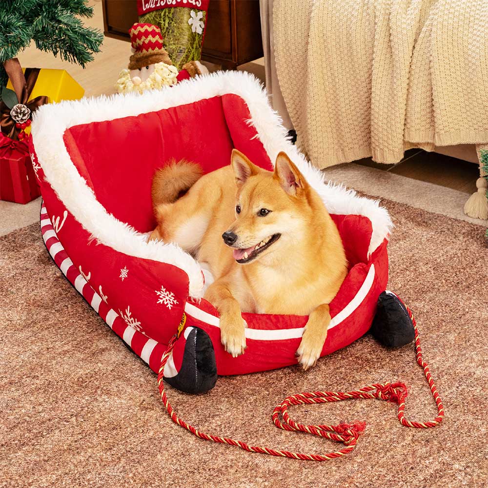 Cozy Sleigh | Dog Bed with Plush Crystal Velvet & Anti-Slip Bottom | Festive Comfort for Your Pet