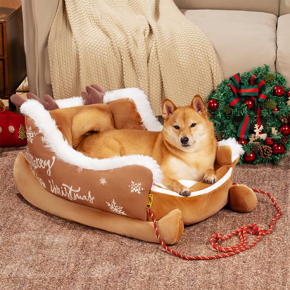 Cozy Sleigh | Dog Bed with Plush Crystal Velvet & Anti-Slip Bottom | Festive Comfort for Your Pet