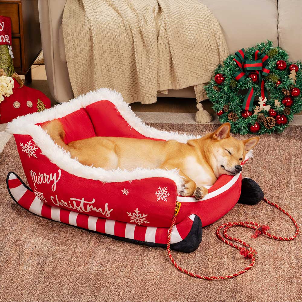 Cozy Sleigh | Dog Bed with Plush Crystal Velvet & Anti-Slip Bottom | Festive Comfort for Your Pet